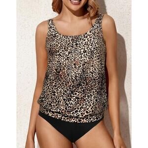 Yonique Leopard Blouson Adjustable Straps Swimsuit Tankini Top NWT Size 18W
